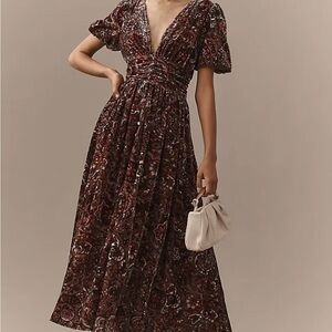 NWOT Anthropologie The Katerina Button Front Burgundy Floral Maxi Dress